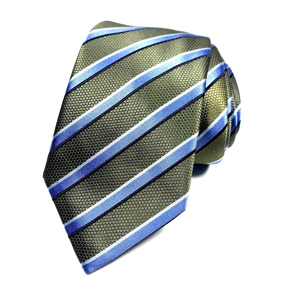 Brioni Mens Tie Luxury Green w/ Blue White Black‎ Stripes 100% Silk Repp XL